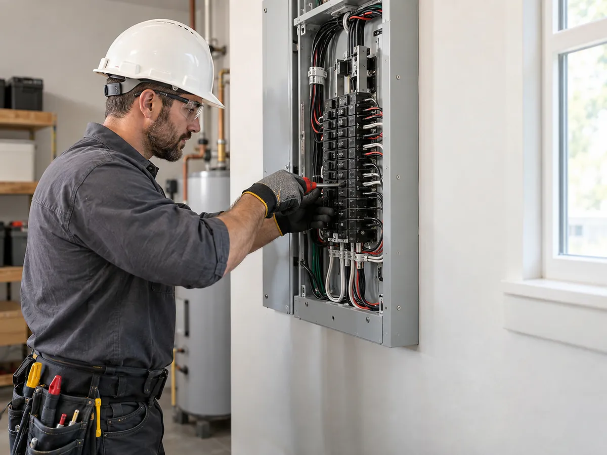 Electrician in a hard hat working on an open breaker panel