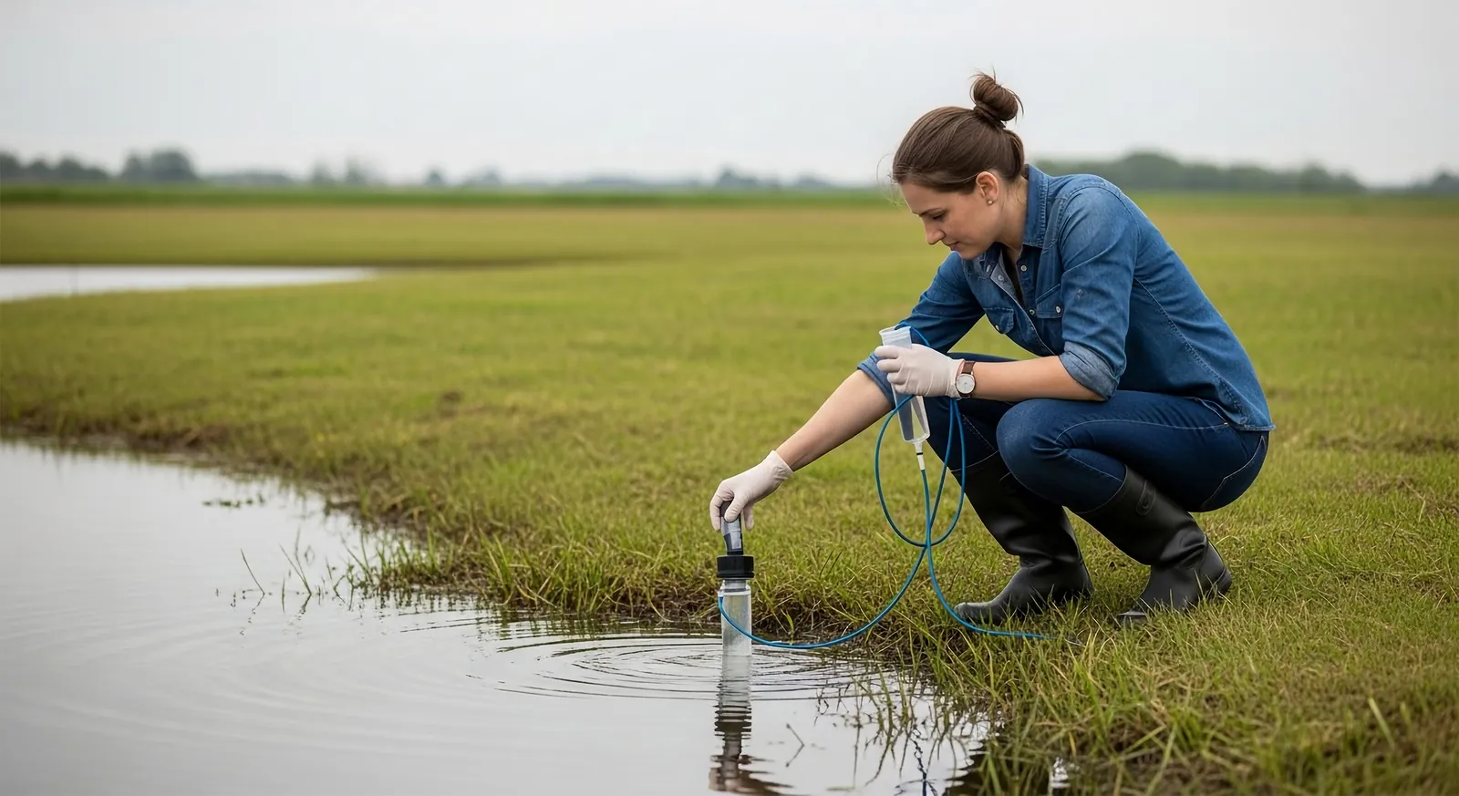 Field technician in gloves collecting a water sample at the edge of a wet field